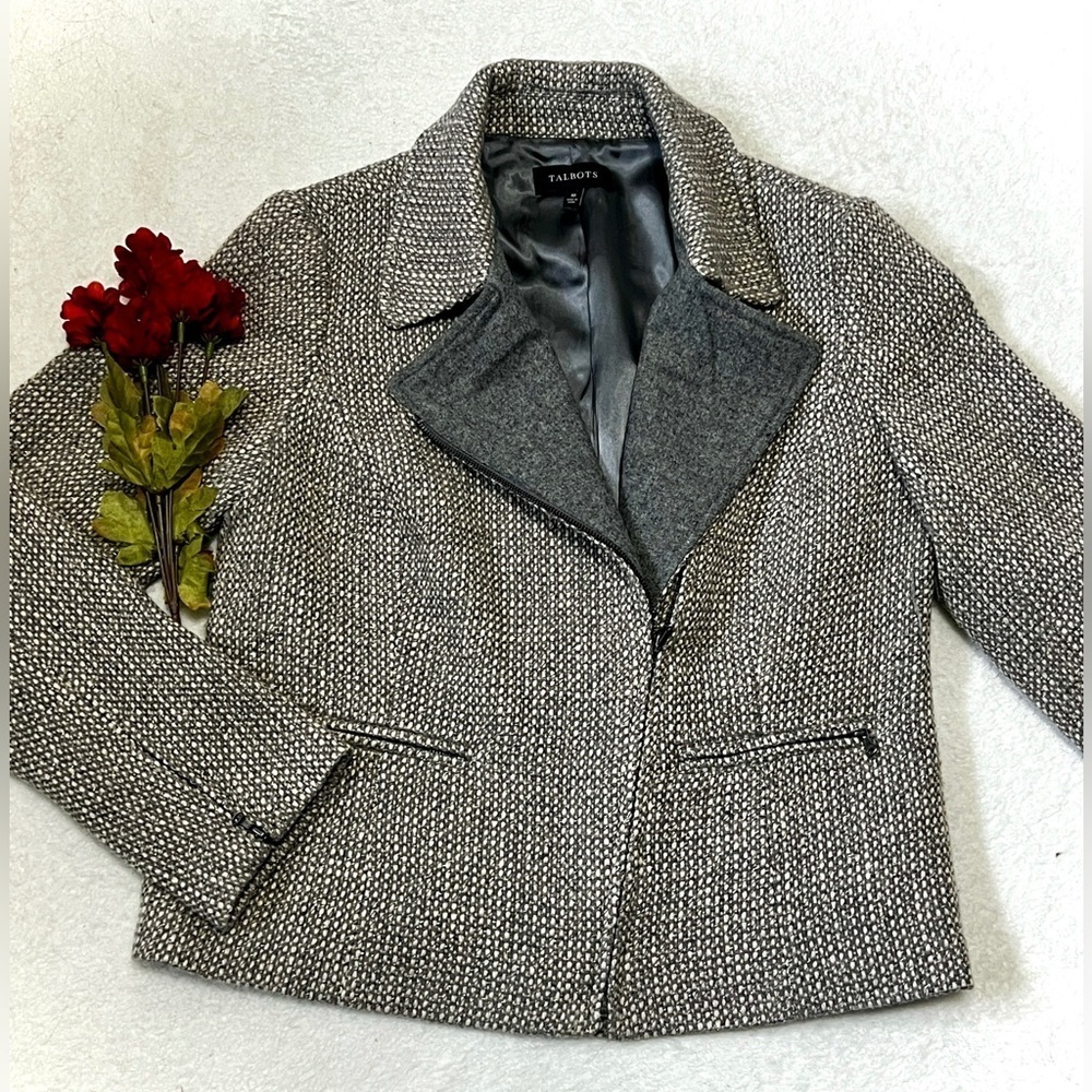 Talbots Tweed Wool Blend Asymmetrical Moto Blazer - Size 10